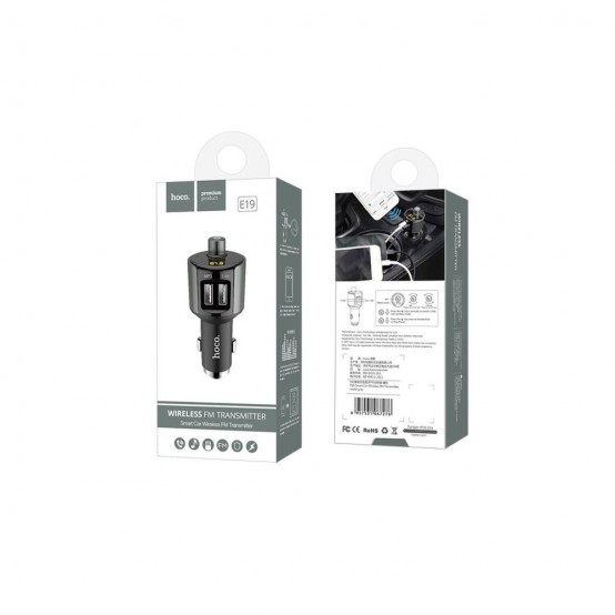 Alimentator Hoco Car Charger With FM Transmitter  - 2xUSB-A, with LED Display, 12W, 2.4A - Grey E19
