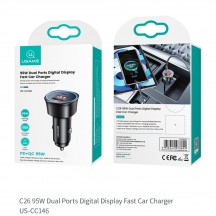 Alimentator USAMS Car Charger C26  - Dual Port, USB-A, Type-C PD95W, 3.25A - Gray US-CC146