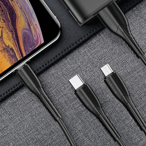 Alimentator USAMS Car Charger King Tu Series  - Dual USB, 2.1A with Cable (U35) USB to Type-C, Micro-USB, Lightning, 1m - Black