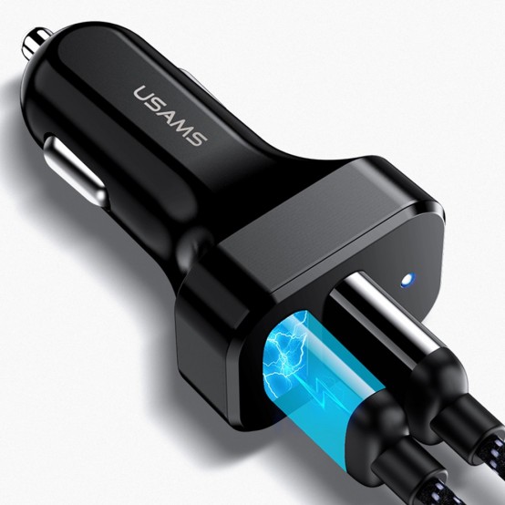 Alimentator USAMS Car Charger King Tu Series  - Dual USB, 2.1A with Cable (U35) USB to Type-C, Micro-USB, Lightning, 1m - Black
