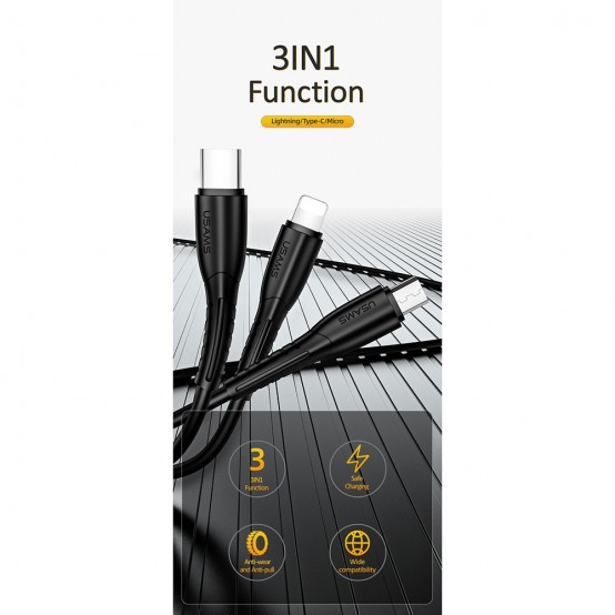 Alimentator USAMS Car Charger King Tu Series  - Dual USB, 2.1A with Cable (U35) USB to Type-C, Micro-USB, Lightning, 1m - Black