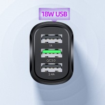 Alimentator USAMS Car Charger C17  - 3x USB, QC3.0, 5V, 2.4A, 18W - Black US-CC100