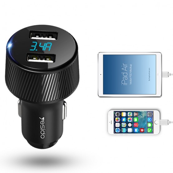 Alimentator Yesido Car Charger  - 2x USB, LED Display, QC 3.0, 18W, 3A - Black Y31