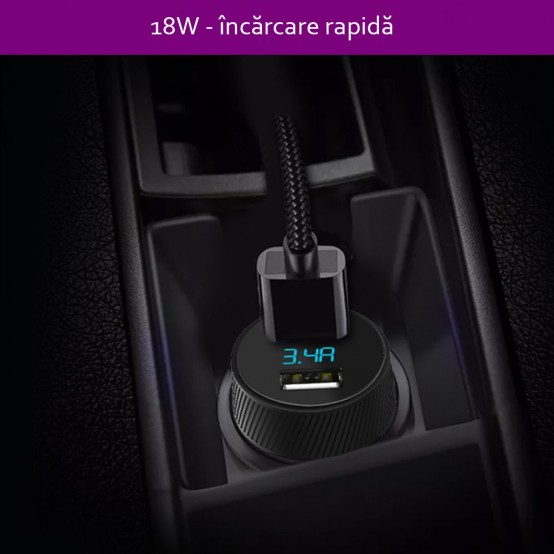 Alimentator Yesido Car Charger  - 2x USB, LED Display, QC 3.0, 18W, 3A - Black Y31