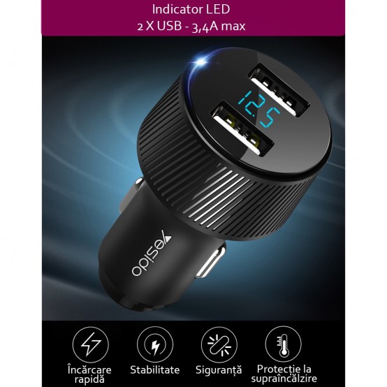 Alimentator Yesido Car Charger  - 2x USB, LED Display, QC 3.0, 18W, 3A - Black Y31