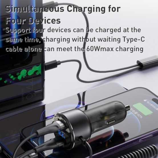 Alimentator Yesido Car Charger  - USB, Type-C, with Cable Lightning, Type-C, Fast Charging, 60W, 120cm - Grey Y58