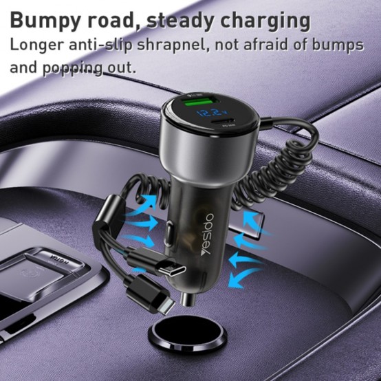 Alimentator Yesido Car Charger  - USB, Type-C, with Cable Lightning, Type-C, Fast Charging, 60W, 120cm - Grey Y58