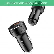 Alimentator Yesido Car Charger  - USB-A, QC 3.0 18W and Type-C, PD, 18W, 3A - Black Y35