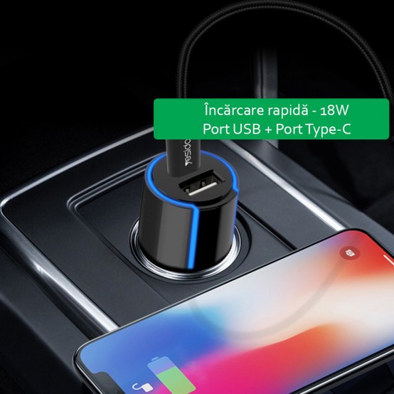 Alimentator Yesido Car Charger  - LED Display, USB, QC 3.0 18W, Type-C, PD, 24W, 3A - Black Y32