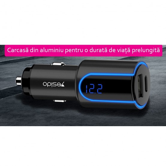 Alimentator Yesido Car Charger  - LED Display, USB, QC 3.0 18W, Type-C, PD, 24W, 3A - Black Y32