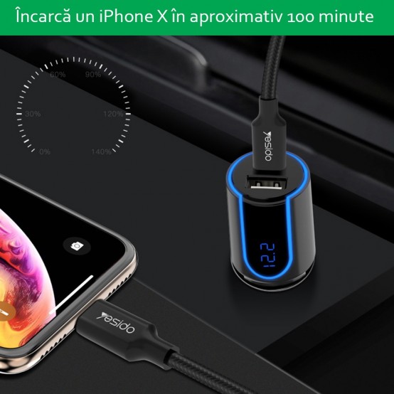 Alimentator Yesido Car Charger  - LED Display, USB, QC 3.0 18W, Type-C, PD, 24W, 3A - Black Y32