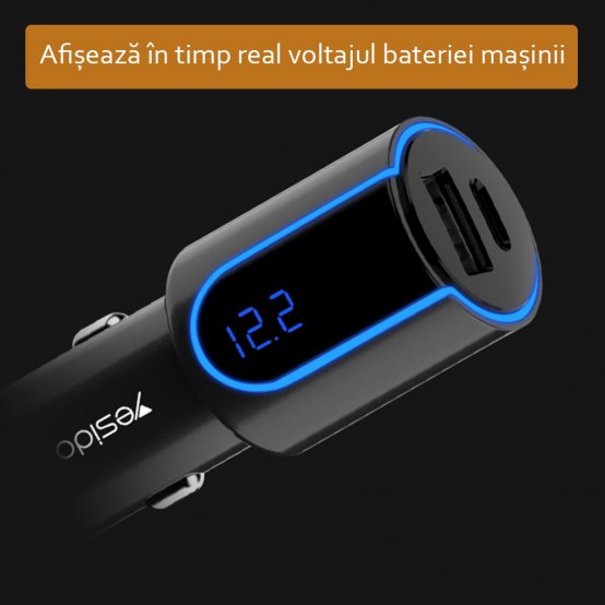 Alimentator Yesido Car Charger  - LED Display, USB, QC 3.0 18W, Type-C, PD, 24W, 3A - Black Y32