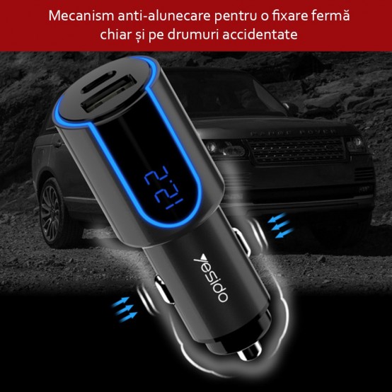 Alimentator Yesido Car Charger  - LED Display, USB, QC 3.0 18W, Type-C, PD, 24W, 3A - Black Y32