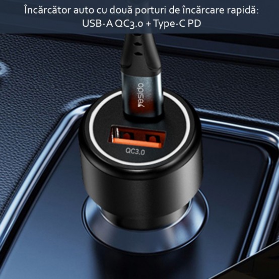 Alimentator Yesido Car Charger  - USB, QC 3.0 18W, Type-C, PD, 24W, 3A - Black Y42