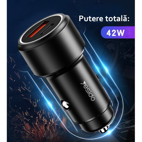 Alimentator Yesido Car Charger  - USB, QC 3.0 18W, Type-C, PD, 24W, 3A - Black Y42