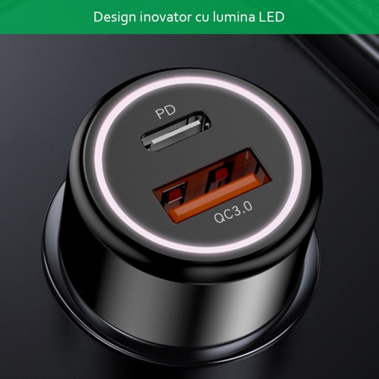 Alimentator Yesido Car Charger  - USB, QC 3.0 18W, Type-C, PD, 24W, 3A - Black Y42