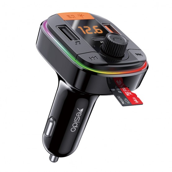 Alimentator Yesido Car Charger  - with FM Transmitter, 2xUSB-A, Type-C, LED Display, RGB Light, 18W - Black Y45