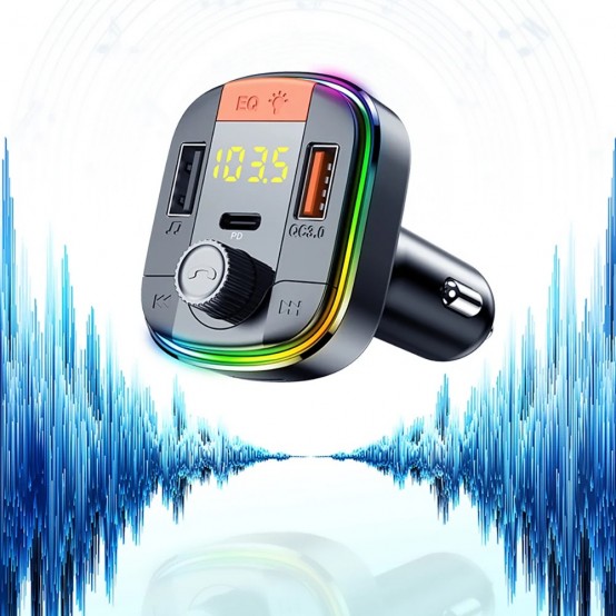 Alimentator Yesido Car Charger  - with FM Transmitter, 2xUSB-A, Type-C, LED Display, RGB Light, 18W - Black Y45