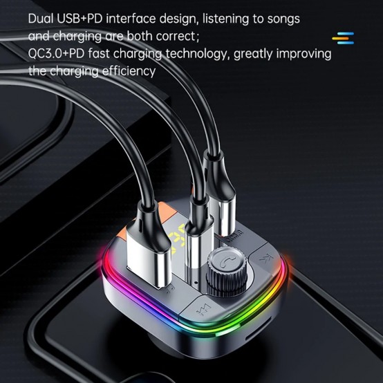 Alimentator Yesido Car Charger  - with FM Transmitter, 2xUSB-A, Type-C, LED Display, RGB Light, 18W - Black Y45