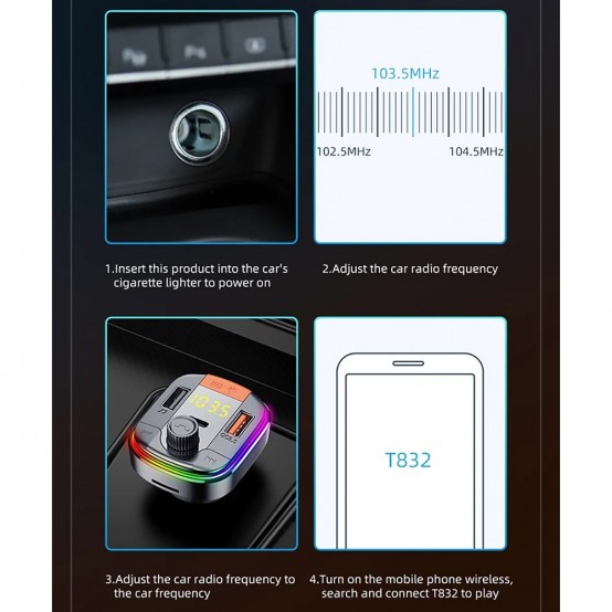 Alimentator Yesido Car Charger  - with FM Transmitter, 2xUSB-A, Type-C, LED Display, RGB Light, 18W - Black Y45