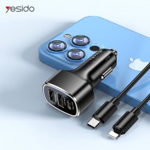 Alimentator Yesido Car Charger  - Dual USB, Type-C, Fast Charging, 49W, Aluminum Alloy - Black Y47