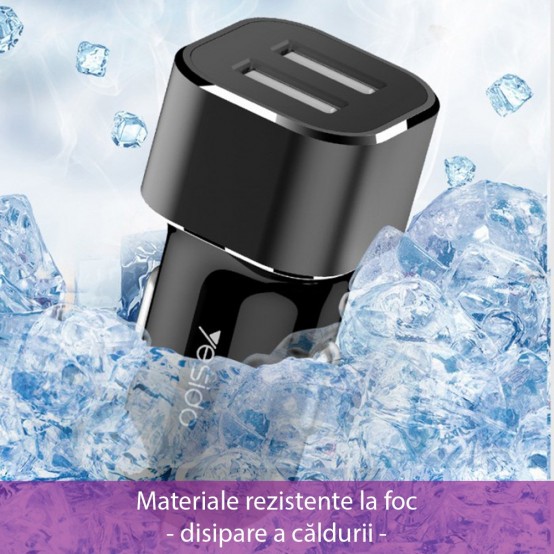 Alimentator Yesido Car Charger  - Dual USB-A with LED Lights, 2.4A - Black Y27