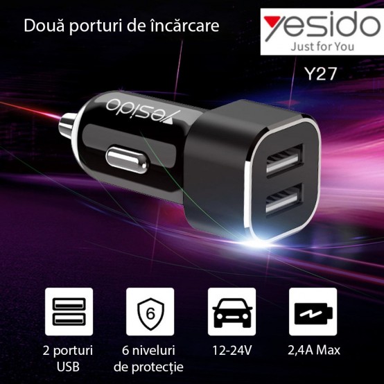 Alimentator Yesido Car Charger  - Dual USB-A with LED Lights, 2.4A - Black Y27