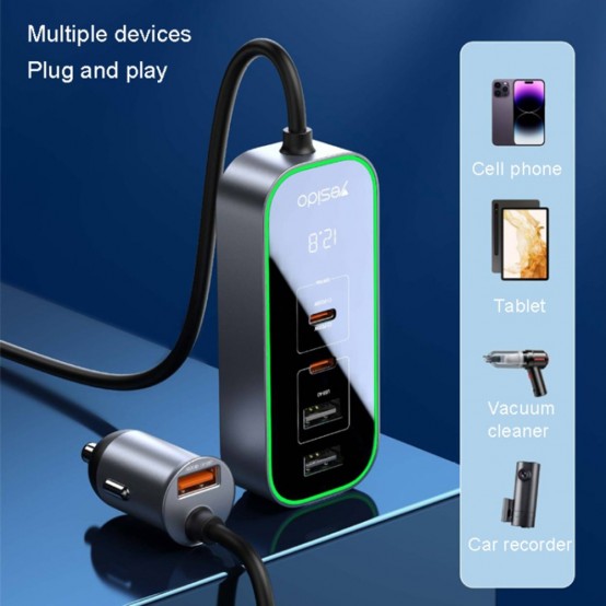 Alimentator Yesido Car Charger  - Ports Extensions, 3x USB, 2x Type-C, QC3.0, 97W, Ambiental Light - Black Y53