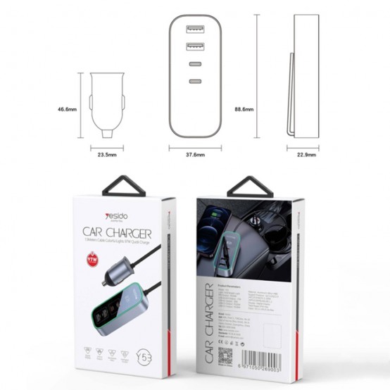 Alimentator Yesido Car Charger  - Ports Extensions, 3x USB, 2x Type-C, QC3.0, 97W, Ambiental Light - Black Y53