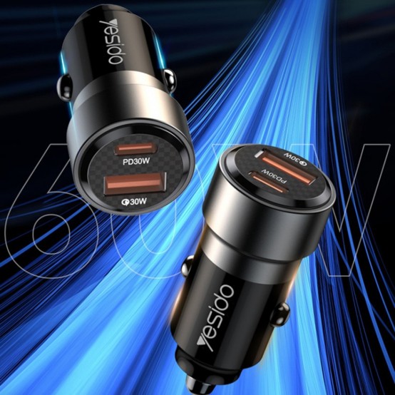 Alimentator Yesido Car Charger  - USB, Type-C, Fast Charging, 60W, with Cable USB-C to Lightning - Black Y54
