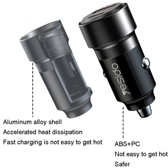 Alimentator Yesido Car Charger  - USB, Type-C, Fast Charging, 60W, with Cable USB-C to Lightning - Black Y54