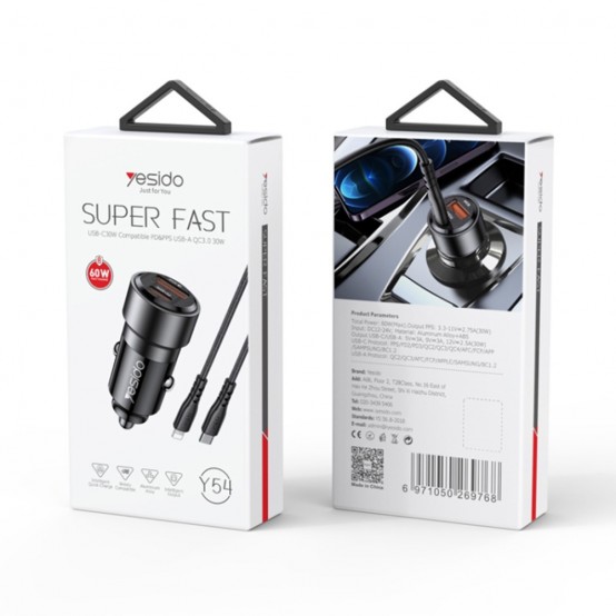 Alimentator Yesido Car Charger  - USB, Type-C, Fast Charging, 60W, with Cable USB-C to Lightning - Black Y54
