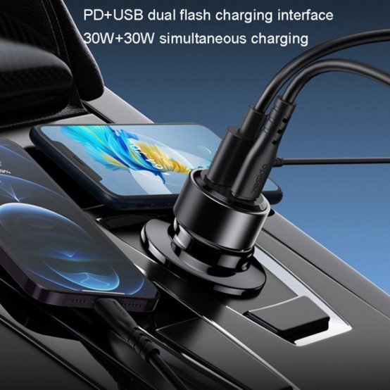 Alimentator Yesido Car Charger  - USB, Type-C, Fast Charging, 60W, with Cable USB-C to Type-C - Black Y55