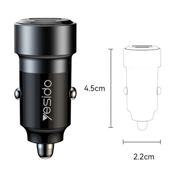Alimentator Yesido Car Charger  - USB, Type-C, Fast Charging, 60W, with Cable USB-C to Type-C - Black Y55