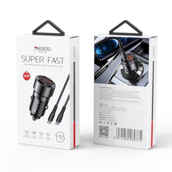 Alimentator Yesido Car Charger  - USB, Type-C, Fast Charging, 60W, with Cable USB-C to Type-C - Black Y55