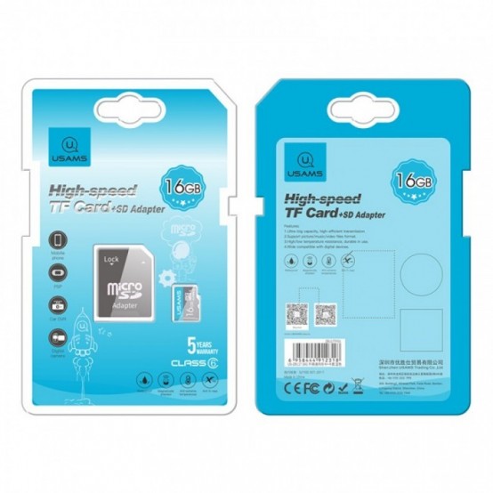 Card memorie USAMS Memory Card  - High Speed, TF Card 16G, with Adapter - Black US-ZB117