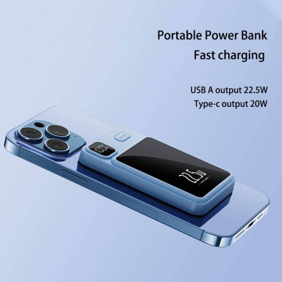 Acumulator Techsuit Wireless MagSafe Power Bank  - 2x Type-C, USB, ON/OFF Button, Digital Display, 22.5W, 10000mAh - Sky Blue P