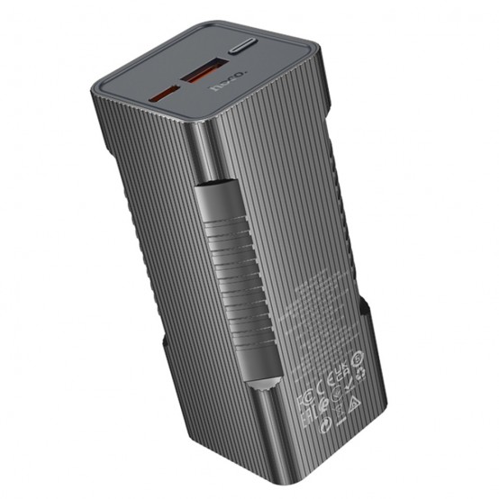 Acumulator Hoco Flashlight with Power Bank  - 3 Level of Brightness, 22.5W, USB, Type-C, Digital Display, 10000mAh - Metal Gray