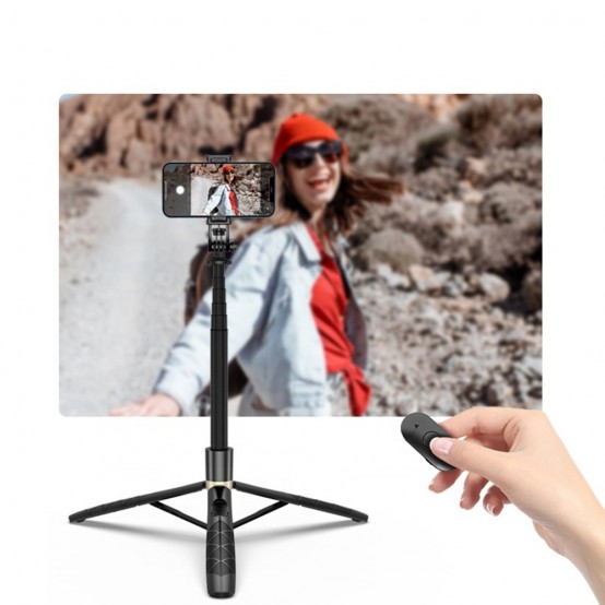 Suport Techsuit Selfie Stick  - Stable Tripod with 1/4 Screw Interface and Wireless Remote for GoPro, Phones, 156cm - Black Q16