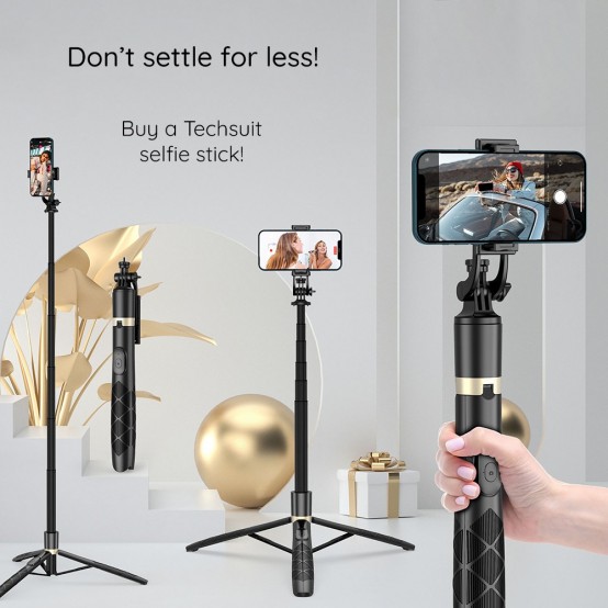 Suport Techsuit Selfie Stick  - Stable Tripod with 1/4 Screw Interface and Wireless Remote for GoPro, Phones, 156cm - Black Q16