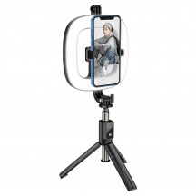 Suport Hoco Selfie Stick Showfull  - LED Ring, BT Remote Control, for Phones 4.7 - 6.5" and GoPro 1/4 Screw - Black LV03 Plus