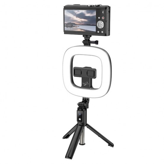 Suport Hoco Selfie Stick Showfull  - LED Ring, BT Remote Control, for Phones 4.7 - 6.5" and GoPro 1/4 Screw - Black LV03 Plus