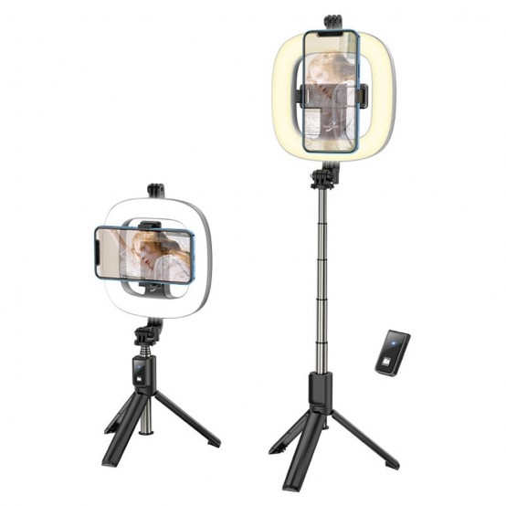 Suport Hoco Selfie Stick Showfull  - LED Ring, BT Remote Control, for Phones 4.7 - 6.5" and GoPro 1/4 Screw - Black LV03 Plus