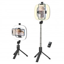 Suport Hoco Selfie Stick Showfull  - LED Ring, BT Remote Control, for Phones 4.7 - 6.5" and GoPro 1/4 Screw - Black LV03 Plus