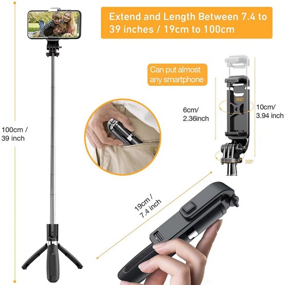 Suport Techsuit Selfie Stick  - Stable Tripod with Bluetooth Remote Control, GoPro Compatible, 360 Rotation, 100cm - Black L02