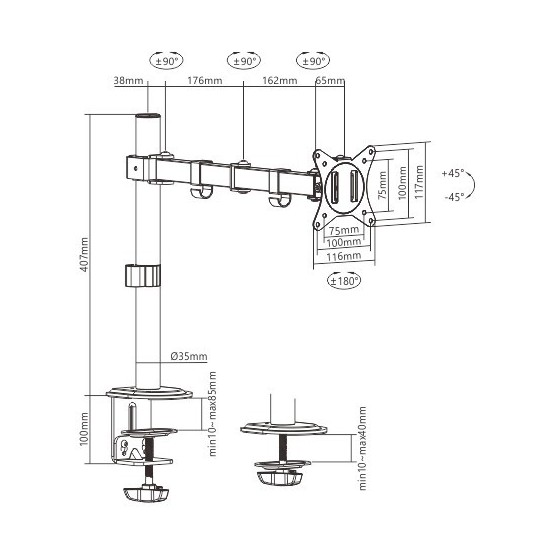 Suport Gembird Adjustable desk display mounting arm (tilting), 13”-27”, up to 8 kg MA-D1-01
