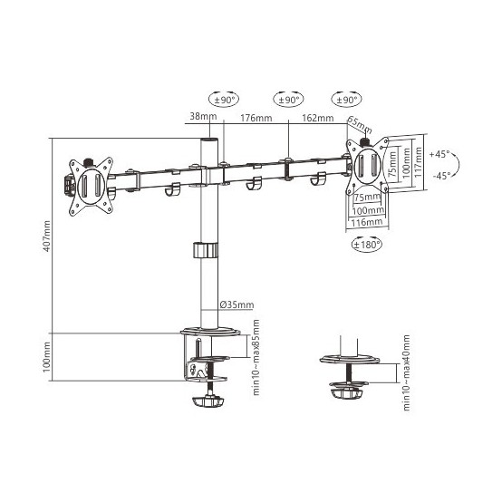 Suport Gembird Adjustable desk 2-display mounting arm (tilting), 13”-27”, up to 7 kg MA-D2-01