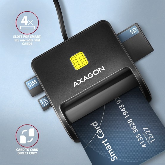 Card reader Axagon Cititor electronic carti de identitate Smart Card FlatReader, USB 2.0, SD/microSD/SIM CRE-SM3SD