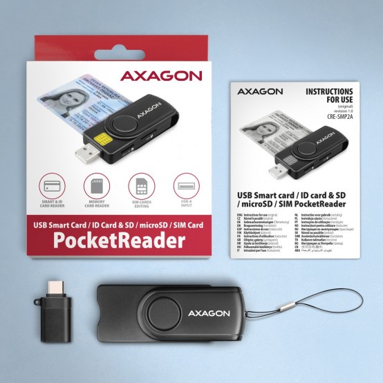 Card reader Axagon Cititor electronic carti de identitate Smart card PocketReader, USB 2.0, SD/microSD/SIM Card CRE-SMP2A