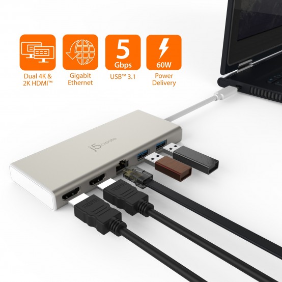 Docking Station j5create USB Type-C Dual HDMI Mini Dock-Ethernet/ USB 3.1 HUB / PD2.0 JCD381-N